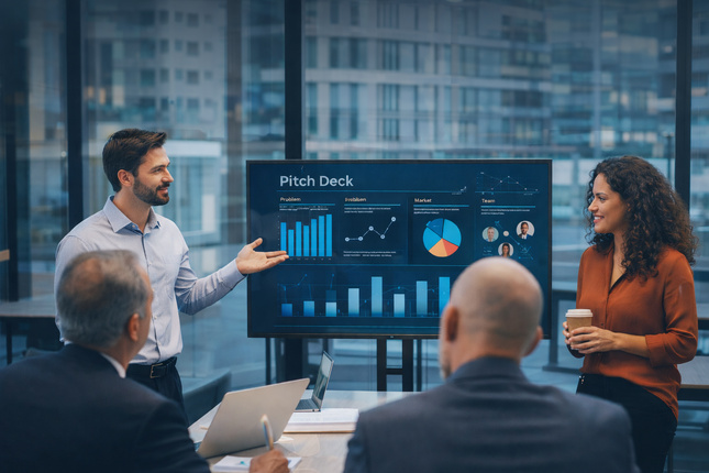 Emprendedores presentando un pitch deck a inversores de venture capital Emprendedores presentando un pitch deck a inversores de venture capital